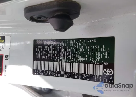 2016 Toyota Corolla L z USA, uszkodzony, nr VIN 5YFBURHE1GP534559